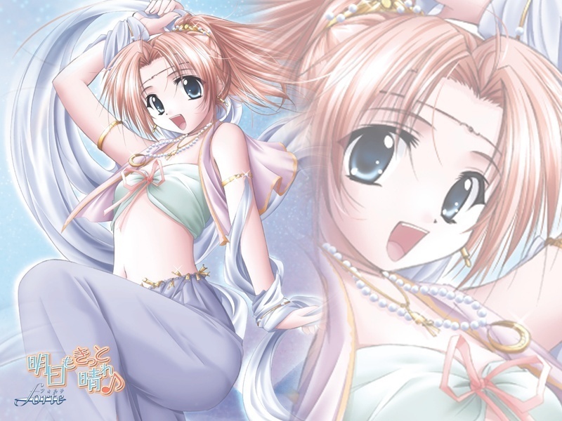 arabian_clothes brown_hair earring green_eyes hand_over_head long_hair navel open_mouth tagme