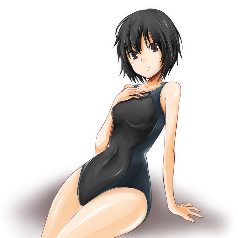 1girl amagami arm_support black_eyes black_hair competition_swimsuit nanasaki_ai one-piece_swimsuit short_hair solo swimsuit zanku