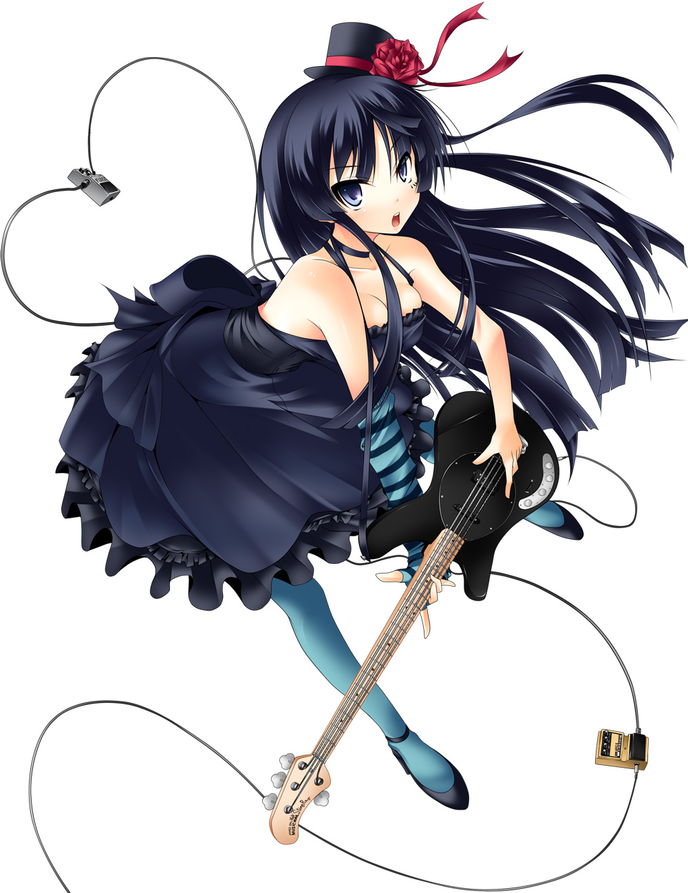 1girl akiyama_mio asymmetrical_clothes bangs bass bass_guitar black_hair blue_eyes blue_legwear blunt_bangs cord don't_say_"lazy" don't_say_lazy dress elbow_gloves flower gloves hat heart high_heels highres hime_cut instrument k-on! long_hair mini_top_hat nana_(artist) pantyhose ribbon shoes single_glove solo top_hat