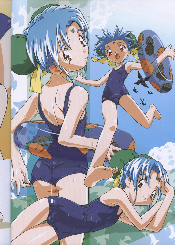 ass back barefoot blue_hair bun_cover carrot double_bun facial_mark feet flat_chest forehead_mark freckles innertube looking_back lying masaki_sasami_jurai on_side one-piece_swimsuit open_mouth outstretched_arms red_eyes school_swimsuit smile solo spread_arms swimsuit tenchi_muyo tenchi_muyou! thigh_gap wet