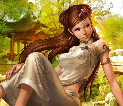 brown_hair earring long_hair pagoda sitting smile tagme