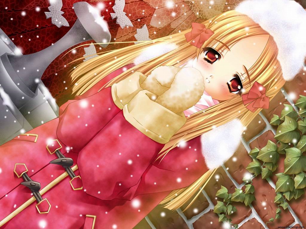 blonde_hair blush cold fountain long_hair red_eyes rose snow winter_cap winter_clothes