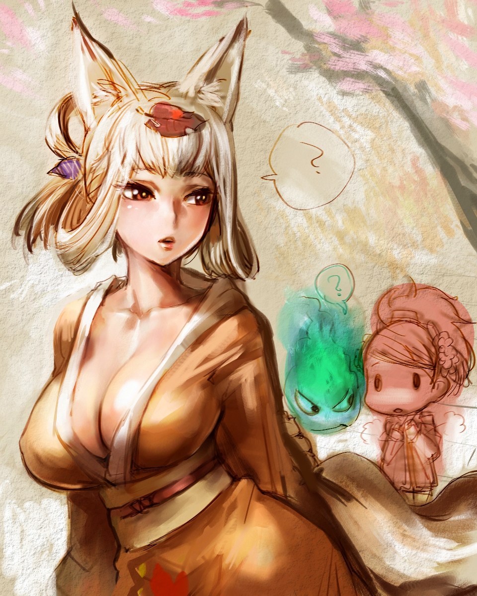 animal_ears bow_(artist) bow_(bhp) breasts chibi cleavage collarbone fox_ears fox_tail hair_up hitodama huge_breasts inari izuna_jinkuro japanese_clothes kimono kongiku large_breasts leaf leaf_on_head lips looking_back momohime oboro_muramasa oboro_muramasa_youtouden orange_eyes silver_hair tail yukata