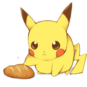 bad_id bread brown_eyes food lowres maruki_(punchiki) no_humans pikachu poke pokemon pokemon_(creature) poking simple_background solo tail white_background
