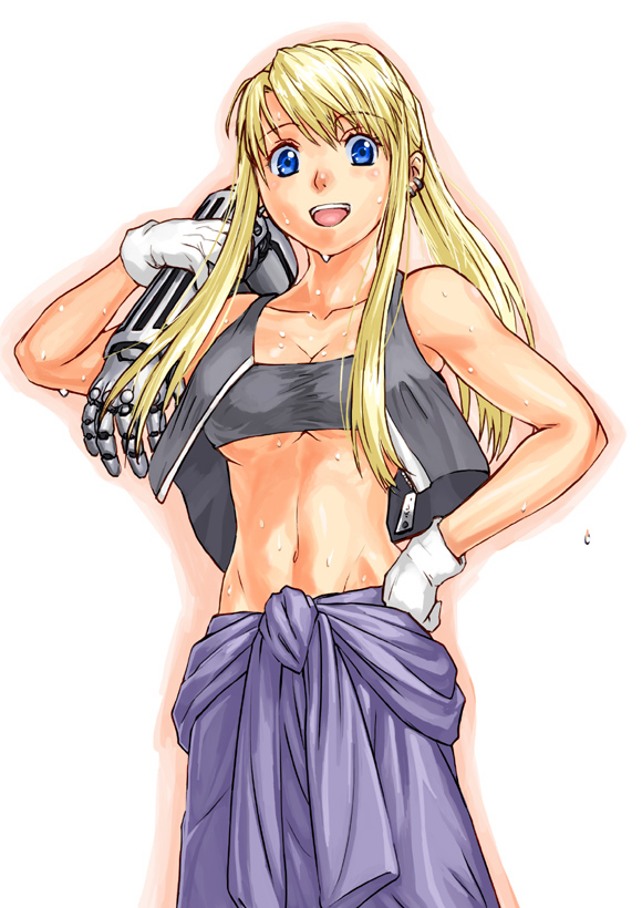 blonde_hair blue_eyes dripping earrings fullmetal_alchemist gloves jewelry lithiumia mechanic midriff muscle open_mouth ponytail solo sweat sweating tomboy tubetop winry_rockbell