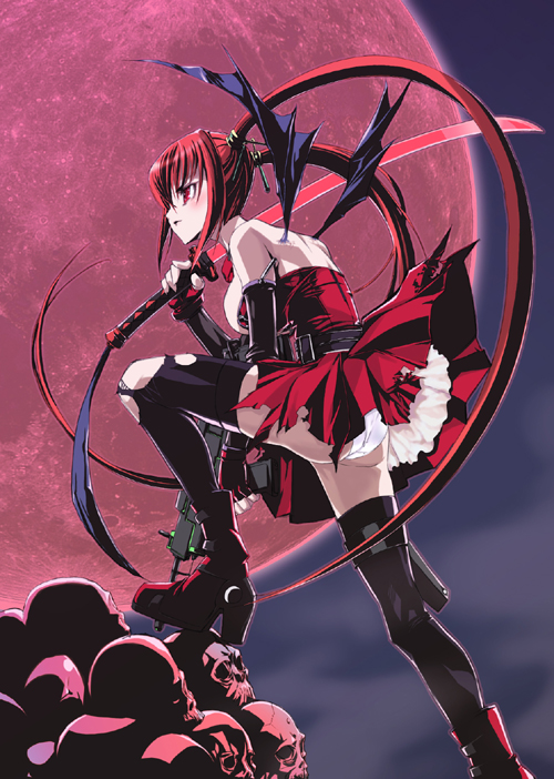 1girl back bat_wings belt black_legwear blush boots breasts dress dual_wielding female gun gun-katana gun_katana high_heels katana large_breasts leg_lift long_hair moon panties pantyshot platform_footwear platform_shoes red_eyes red_hair red_moon redhead shoes sideboob skull solo sword thigh-highs thighhighs tokiwara_himena torn_clothes torn_thighhighs twintails underwear very_long_hair weapon white_panties wings yoshizawa_tomoaki