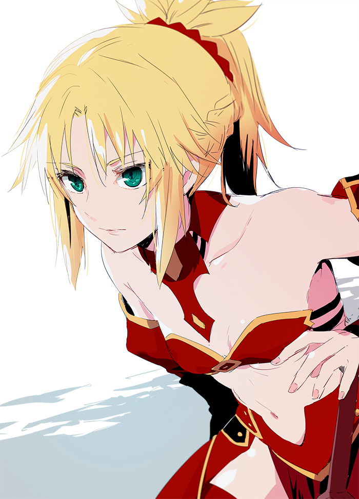 1girl bangs bare_shoulders blonde_hair bra braid breasts closed_mouth detached_sleeves eyebrows_visible_through_hair fate/apocrypha fate_(series) fingernails green_eyes hair_ornament hair_scrunchie ica leaning_forward mordred_(fate) mordred_(fate)_(all) nail_polish navel pelvic_curtain pink_nails ponytail red_bra scrunchie small_breasts solo underwear upper_body white_background