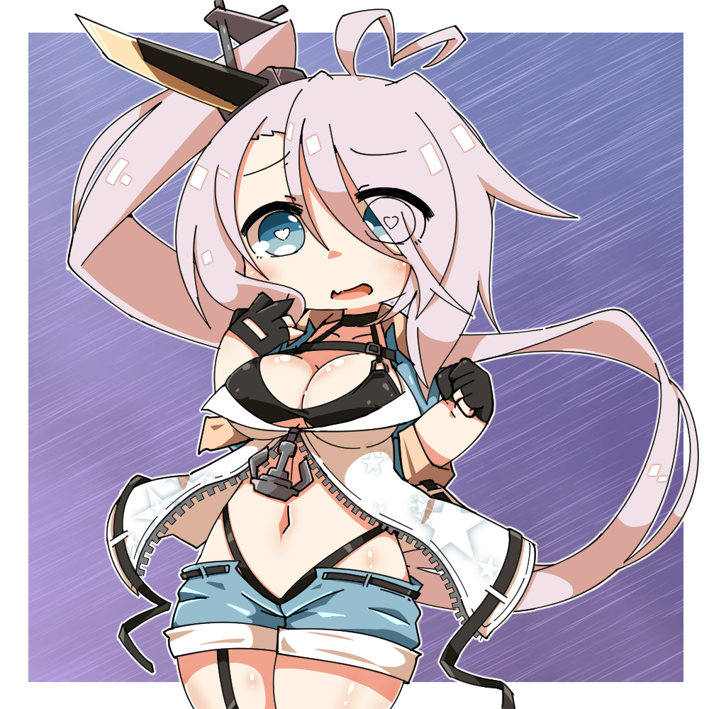1girl :d ahoge anahoriya anchor azur_lane bangs bikini_top black_bikini_top black_choker black_gloves black_panties blue_eyes blue_shorts blush breasts bright_pupils choker cleavage collarbone cowboy_shot facing_away fang garter_straps gloves hair_between_eyes hair_ornament hair_over_one_eye halter_top halterneck heart heart-shaped_pupils heart_ahoge highleg highleg_panties legs_together long_hair looking_at_viewer medium_breasts navel open_fly open_mouth panties partly_fingerless_gloves portland_(azur_lane) purple_background remodel_(azur_lane) shiny shiny_skin short_shorts shorts side_ponytail silver_hair smile solo standing star star_print stomach symbol-shaped_pupils tareme tongue transparent_background under_boob underwear unzipped very_long_hair white_pupils zipper