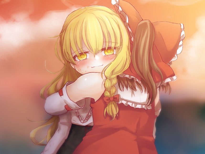 2girls bare_shoulders blonde_hair blouse blush braid brown_hair detached_sleeves empty_eyes frilled_shirt_collar frills hakurei_reimu hug kirisame_marisa medium_hair mochi547 multiple_girls ponytail sad_smile side_braid single_braid smile touhou wavy_hair yellow_eyes