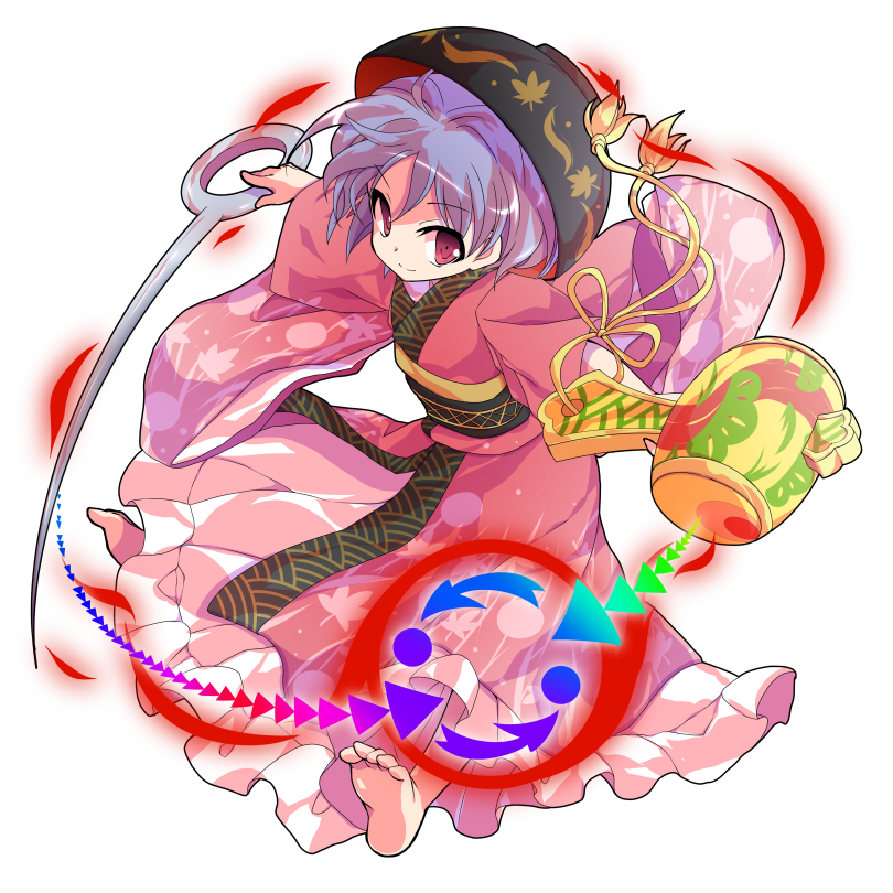 1girl ahoge alphes_(style) bangs barefoot bowl closed_mouth dairi eyebrows eyebrows_visible_through_hair facing_away frilled_kimono frills full_body holding holding_needle japanese_clothes kimono leaf leaf_print long_sleeves looking_at_viewer mallet maple_leaf miracle_mallet needle obi parody pink_eyes pink_kimono purple_hair sash short_hair simple_background smile solo style_parody sukuna_shinmyoumaru tareme tassel touhou transparent_background wide_sleeves