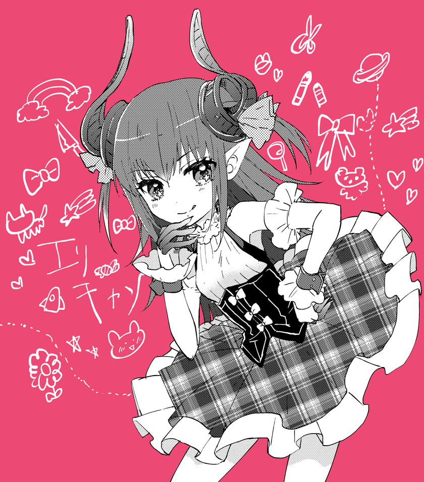 1girl bangs bare_shoulders blush bow collar corset cowboy_shot curled_horns detached_sleeves elizabeth_bathory_(fate) elizabeth_bathory_(fate)_(all) fate/extra fate/extra_ccc fate_(series) flower frilled_collar frills hand_on_hip heart long_hair looking_at_viewer partially_colored pink_background plaid plaid_skirt pointy_ears satou_memeko shirt skirt sleeveless sleeveless_shirt smile solo star tongue tongue_out