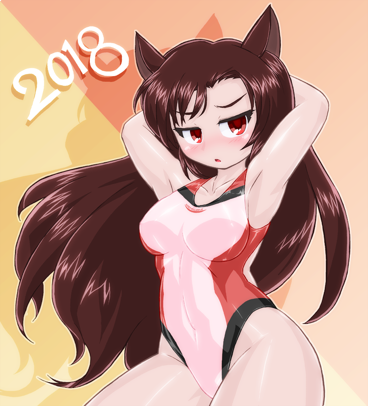 1girl 2018 animal_ears arms_behind_back black_hair competition_swimsuit cowboy_shot imaizumi_kagerou long_hair looking_at_viewer one-piece_swimsuit red_eyes shadow solo swimsuit touhou white_swimsuit winn wolf_ears