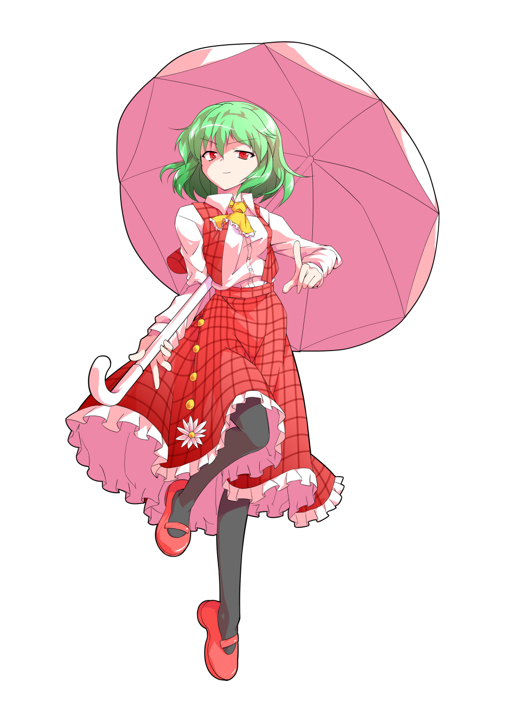 1girl alphes_(style) ascot bangs black_legwear breasts closed_mouth collared_shirt dairi dress_shirt eyebrows eyebrows_visible_through_hair flower frilled_ascot frilled_skirt frills full_body green_hair hair_between_eyes high-waist_skirt highres holding holding_umbrella index_finger_raised kazami_yuuka leg_up long_skirt looking_at_viewer mary_janes open_clothes open_vest pantyhose parody plaid plaid_vest red_eyes red_footwear red_skirt red_vest shirt shoes short_hair simple_background skirt small_breasts smile solo style_parody touhou transparent_background tsurime umbrella v-shaped_eyebrows vest white_shirt white_umbrella yellow_neckwear