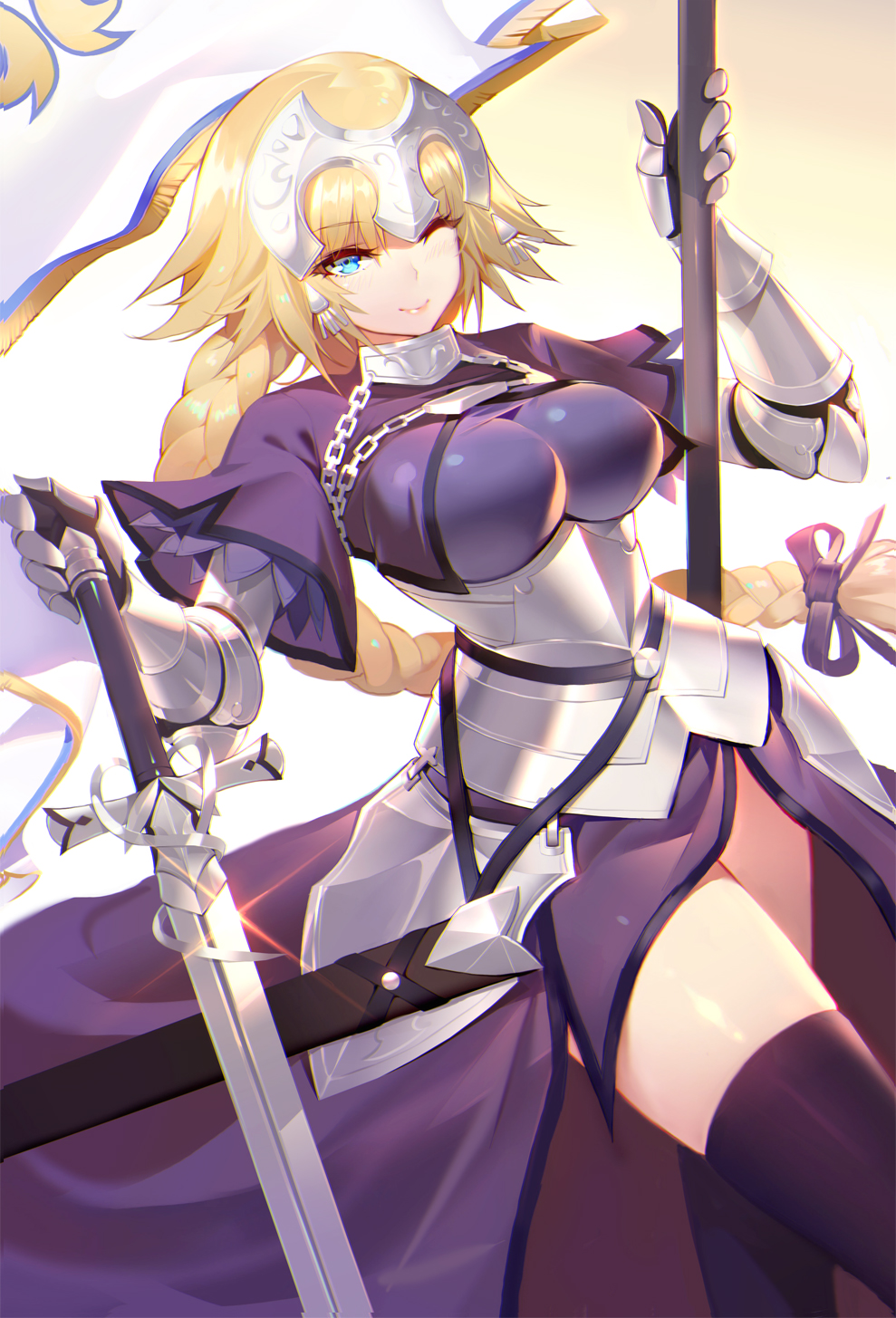 armor armored_dress blonde_hair blue_eyes braid breasts calder dutch_angle fate_(series) gradient gradient_background headpiece highres jeanne_d'arc_(fate) jeanne_d'arc_(fate)_(all) large_breasts long_braid long_hair planted_sword planted_weapon single_braid skindentation smile standard_bearer sword thigh-highs thighs walking weapon