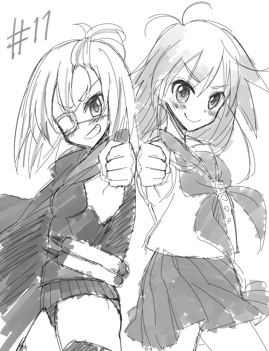 &gt;:) 2girls antenna_hair blush cape commentary_request episode_number eyepatch fist_bump flip_flappers from_side greyscale grin looking_at_viewer medical_eyepatch monochrome multiple_girls neckerchief papika_(flip_flappers) pleated_skirt school_uniform serafuku sketch skirt skirt_lift smile sou_(mgn) symmetrical_hand_pose v-shaped_eyebrows wind wind_lift yayaka