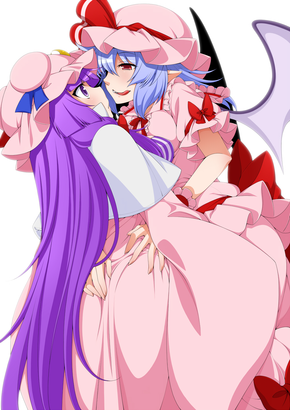 2girls ass_grab bat_wings blue_hair bow capelet dress eichi_yuu eye_contact fang fang_out grabbing_another's_ass groping hat hat_ribbon highres licking_lips long_hair looking_at_another mob_cap multiple_girls patchouli_knowledge pink_dress pink_hat pointy_ears purple_hair red_bow red_eyes red_ribbon remilia_scarlet ribbon sash short_sleeves simple_background tongue tongue_out touhou very_long_hair violet_eyes white_background wings wrist_cuffs yuri