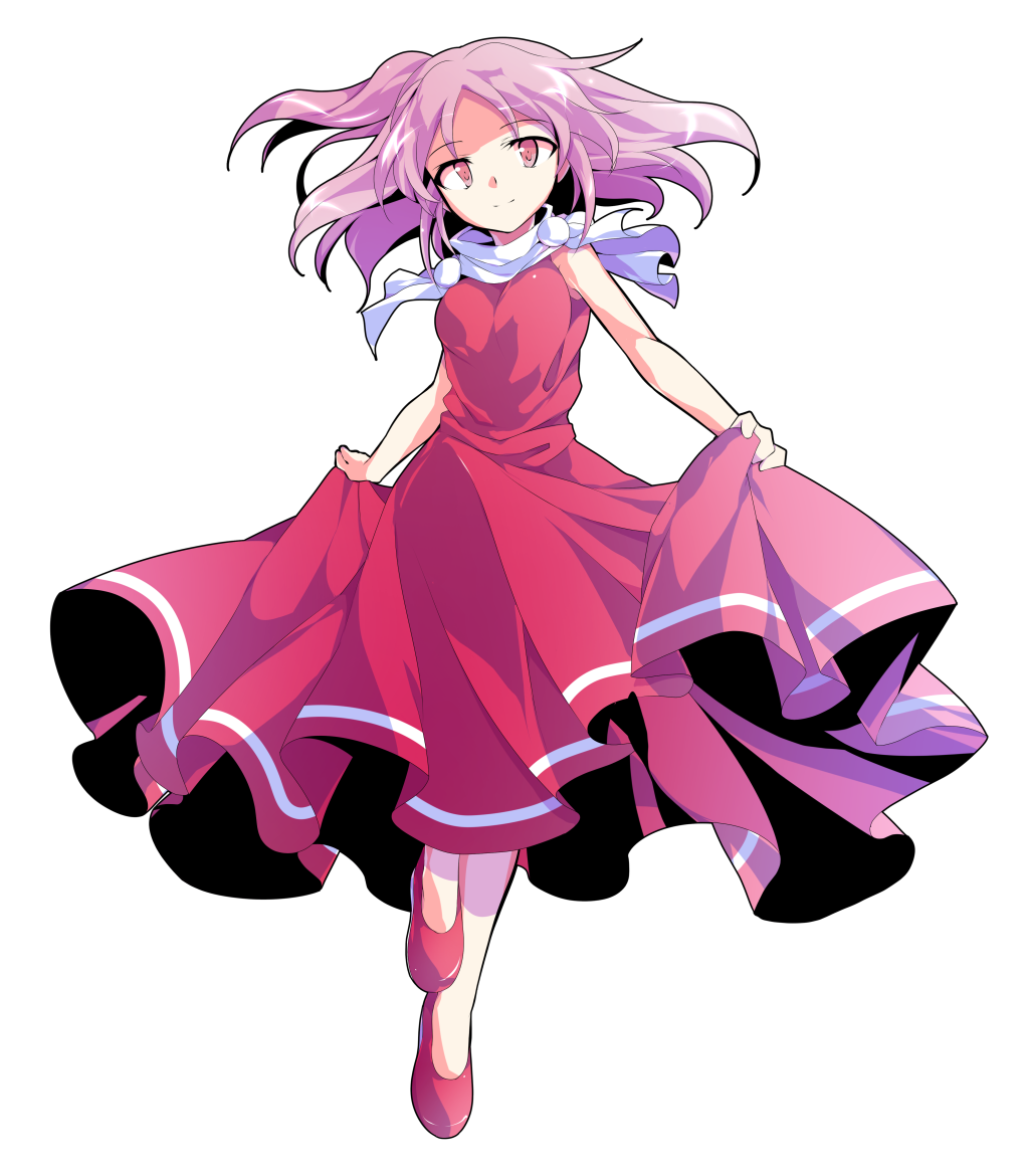 1girl alphes_(style) bangs bare_arms bare_shoulders breasts closed_mouth dairi dress dress_lift eyebrows eyebrows_visible_through_hair facing_away floating_hair full_body leg_up lifted_by_self looking_at_viewer medium_breasts one_side_up parody pink_eyes pink_hair pom_pom_(clothes) red_dress red_footwear sara_(touhou) shoes short_hair simple_background sleeveless sleeveless_dress smile solo style_parody touhou touhou_(pc-98) transparent_background turtleneck