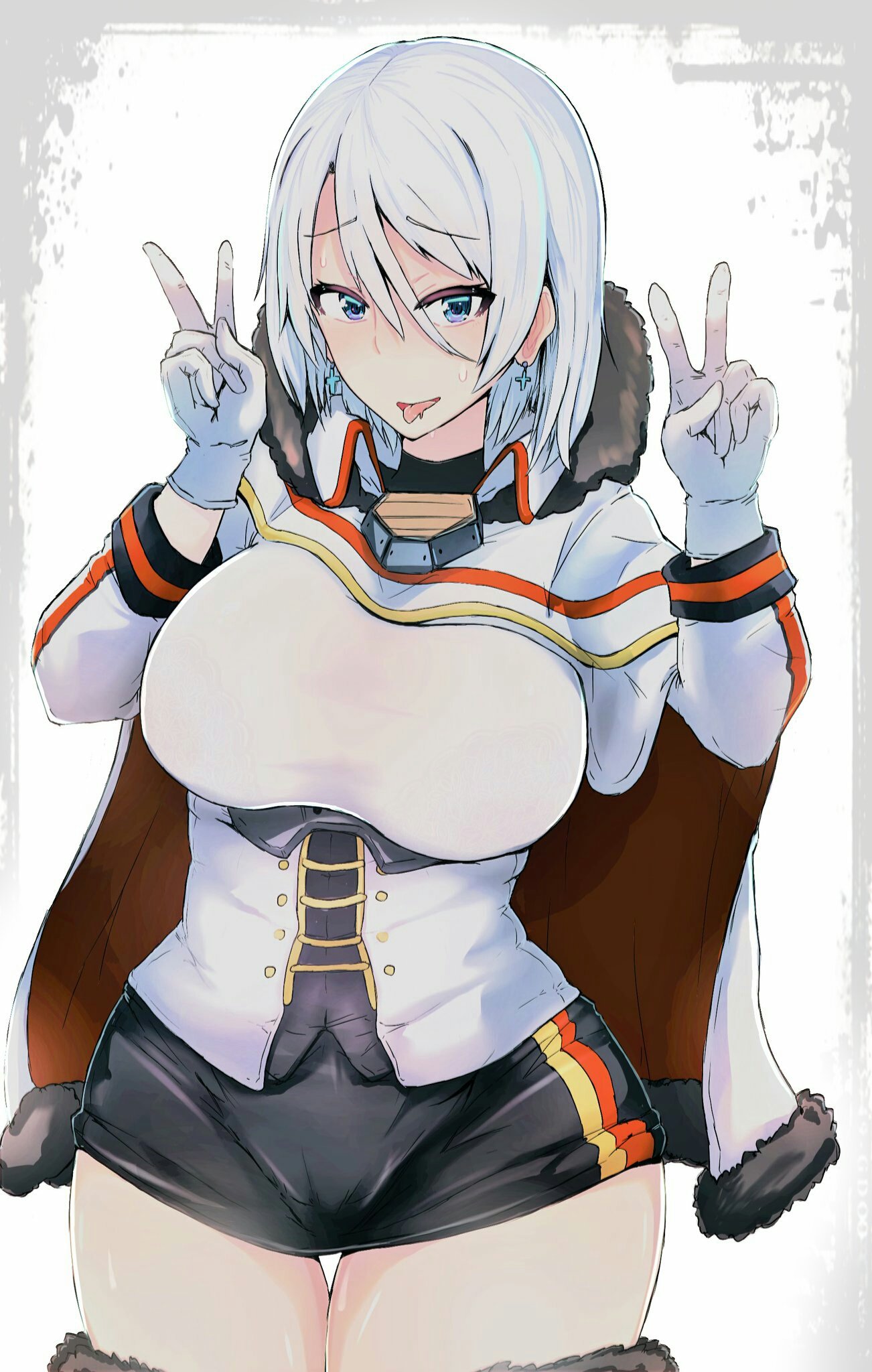 1girl azur_lane black_skirt blue_eyes breasts cape cross cross_earrings double_v earrings eyebrows_visible_through_hair fur-trimmed_cape fur-trimmed_legwear fur_trim gloves hair_between_eyes highres jewelry large_breasts looking_at_viewer military military_uniform miniskirt open_mouth see-through shiworiita short_hair silver_hair skirt solo sweat thighs tirpitz_(azur_lane) tongue tongue_out underwear uniform v white_gloves