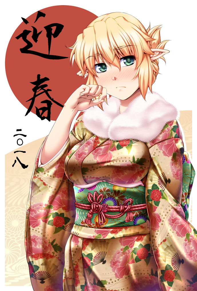 1girl alternate_costume alternate_hairstyle bangs blonde_hair blush breasts closed_mouth eyebrows_visible_through_hair feather_boa floral_print folded_ponytail frown furisode green_eyes japanese_clothes kimono long_sleeves looking_at_viewer medium_breasts mizuhashi_parsee nose_blush obi ootsuki_wataru pointy_ears sash short_hair sidelocks solo touhou translated wide_sleeves