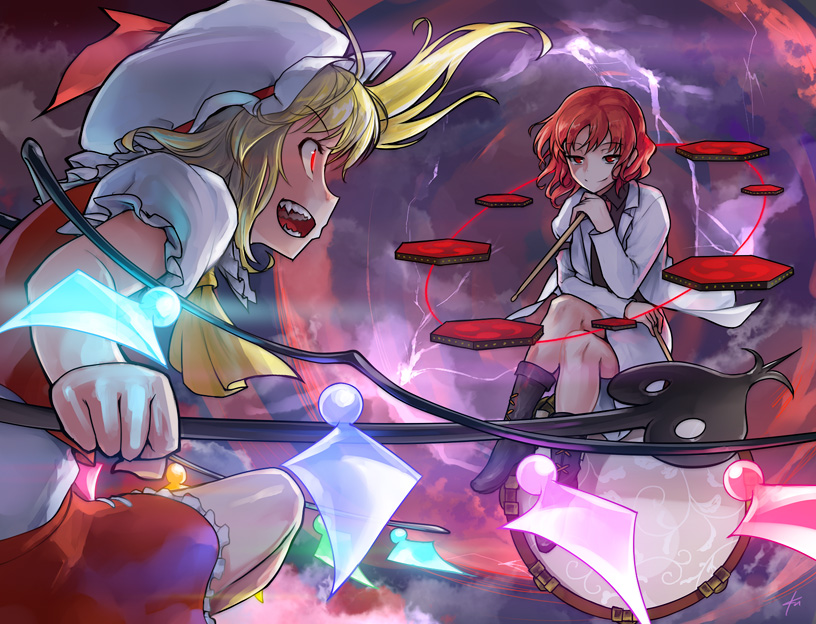 2girls blonde_hair commentary_request drum drumsticks ebizome fangs flandre_scarlet full_moon gem glowing glowing_eyes hat hat_ribbon holding horikawa_raiko instrument laevatein legs_crossed lightning long_sleeves looking_at_another mob_cap moon multiple_girls open_mouth puffy_short_sleeves puffy_sleeves red_eyes red_moon red_ribbon ribbon short_hair short_sleeves side_ponytail sitting smile taiko_drum touhou white_hat