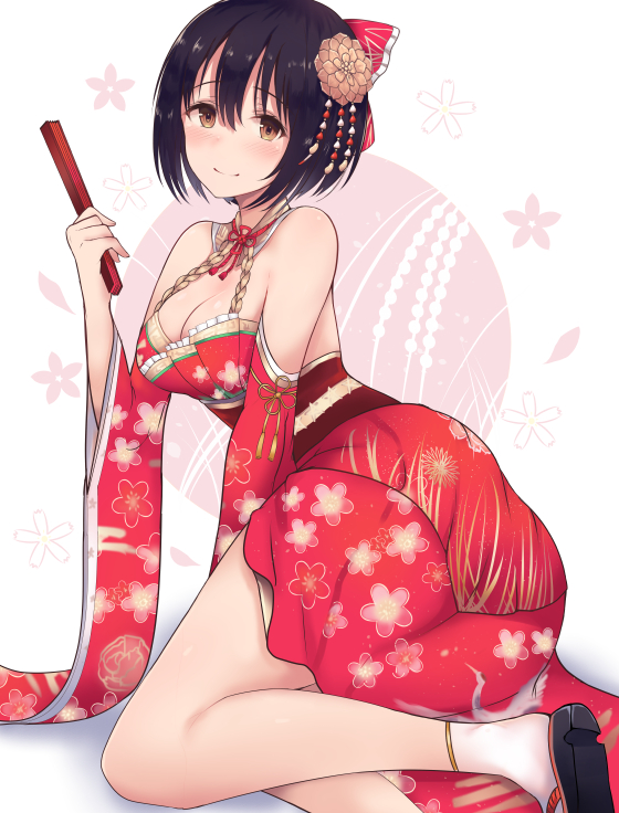 1girl alternate_costume bare_shoulders black_hair blush bow breasts brown_eyes cleavage commentary_request detached_sleeves holding idolmaster idolmaster_cinderella_girls japanese_clothes kimono kinryuu looking_at_viewer medium_breasts red_kimono short_hair sitting smile solo takafuji_kako thighs white_legwear wide_sleeves