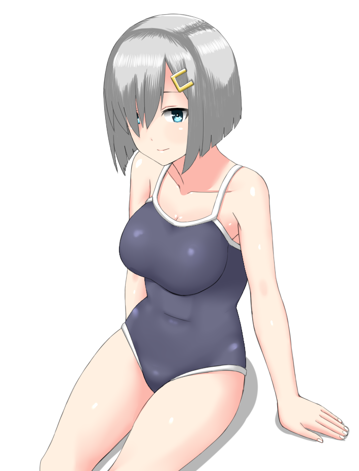1girl 30-06 arm_support blue_eyes breasts competition_school_swimsuit cowboy_shot eyes_visible_through_hair grey_swimsuit hair_ornament hair_over_one_eye hairclip hamakaze_(kantai_collection) kantai_collection looking_at_viewer medium_breasts school_swimsuit shadow short_hair silver_hair simple_background sitting smile solo swimsuit white_background