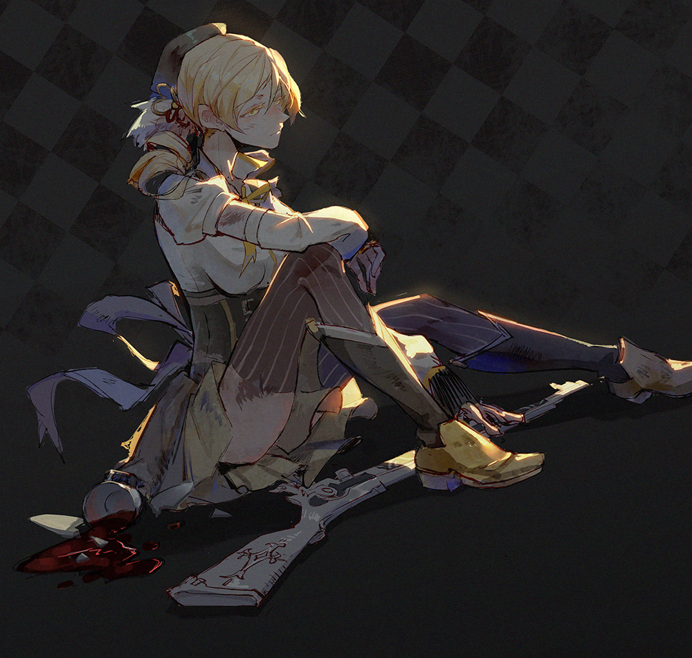 1girl blonde_hair boots breasts broken_cup checkered checkered_background corset detached_sleeves die_(die0118) drill_hair gun hat juliet_sleeves knee_boots long_sleeves magical_musket mahou_shoujo_madoka_magica medium_breasts puffy_sleeves saucer solo spill striped striped_legwear tears thigh-highs thighs toe-point tomoe_mami vertical-striped_legwear vertical_stripes weapon yellow_eyes