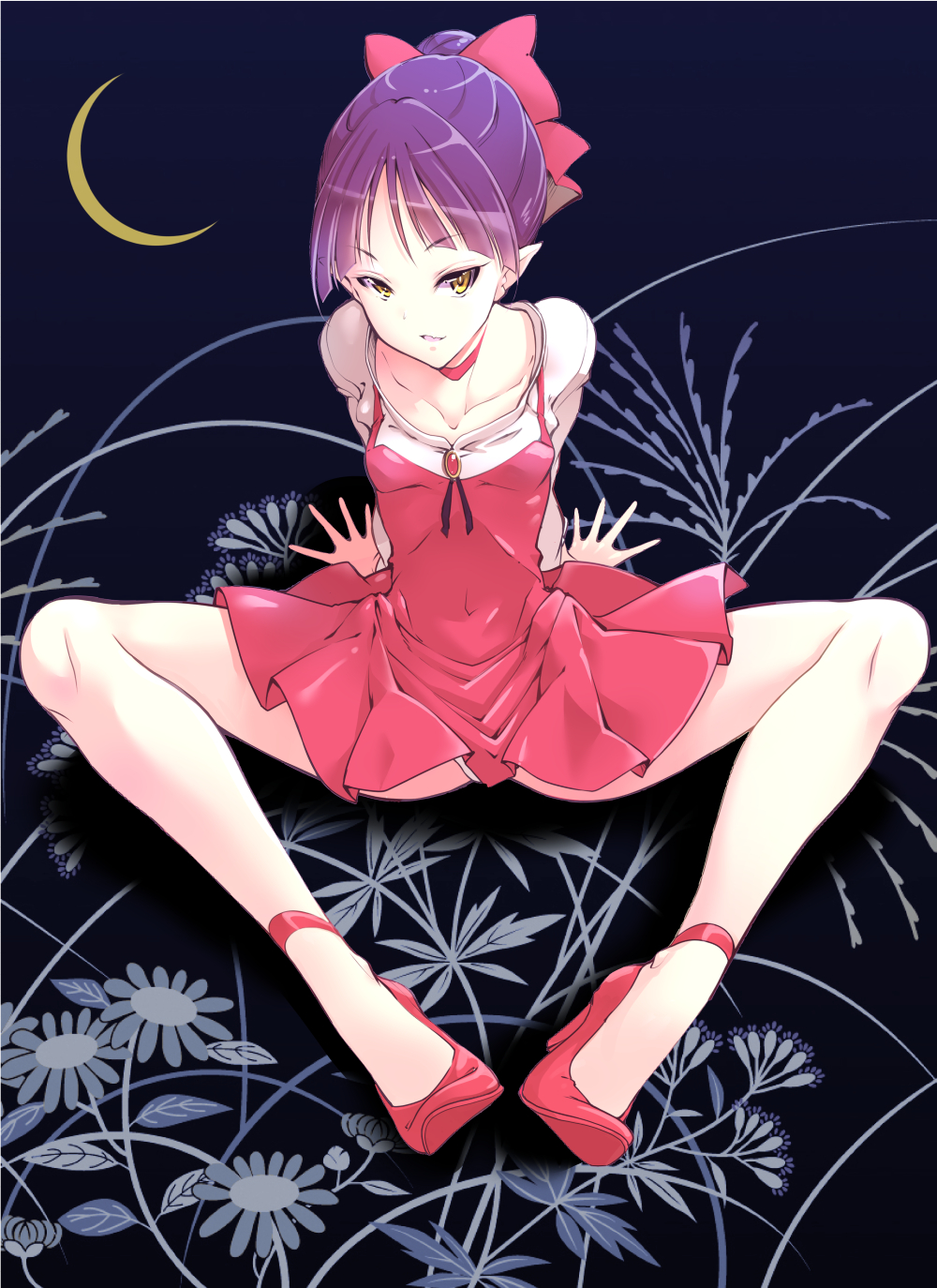 1girl bangs bow choker collarbone covered_navel crescent_moon dress flower full_body gegege_no_kitarou hair_bow hair_bun hamuhamu high_heels highres legs long_sleeves looking_at_viewer moon nekomusume open_mouth panties pointy_ears purple_hair red_bow red_choker red_dress red_footwear shirt short_hair sitting spaghetti_strap spread_legs underwear white_panties white_shirt yellow_eyes