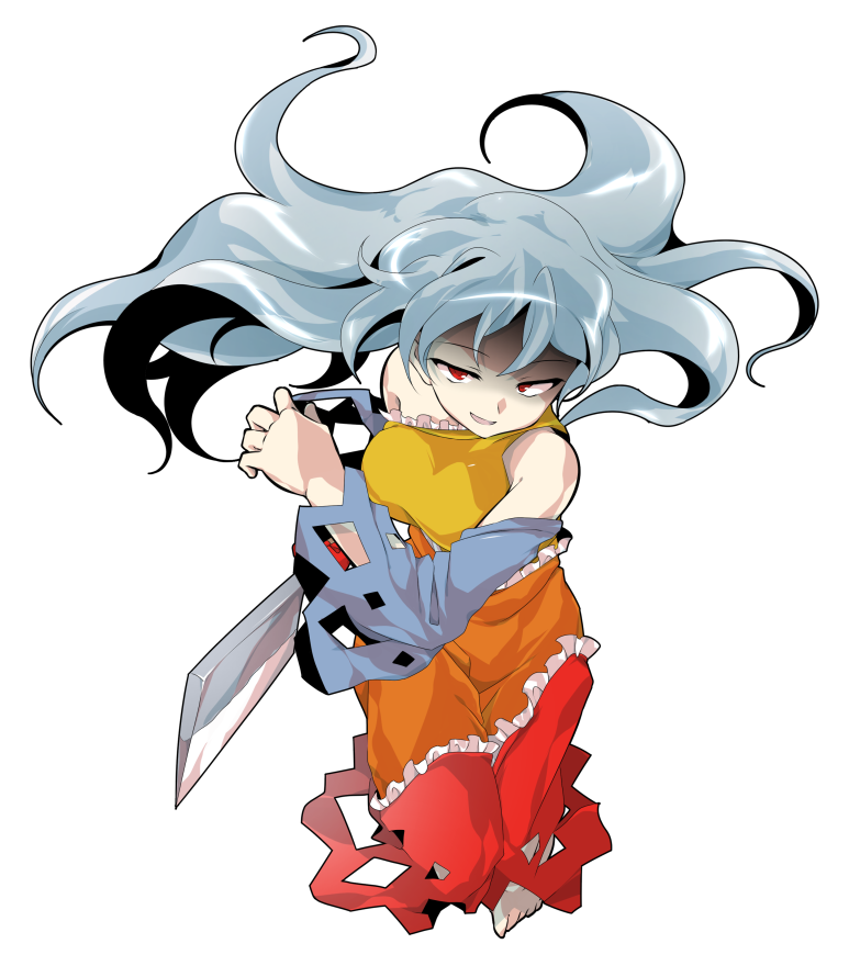 1girl alphes_(style) bangs bare_shoulders barefoot breasts dairi detached_sleeves diamond_(shape) dress floating_hair frilled_dress frills full_body grey_hair hair_between_eyes hatchet holding long_hair long_sleeves looking_at_viewer medium_breasts multicolored multicolored_clothes multicolored_dress nose_hatchet open_mouth orange_dress oriental_hatchet parody rape_face red_dress red_eyes red_ribbon ribbon sakata_nemuno shaded_face simple_background single_strap smile solo style_parody touhou transparent_background tsurime wide_sleeves yellow_dress