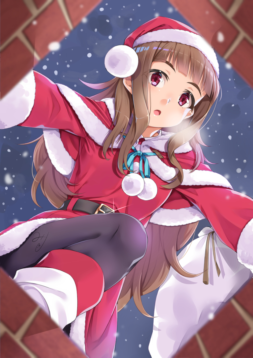 1girl belt belt_buckle black_legwear boots brown_hair buckle chimney eyebrows_visible_through_hat from_below hat idolmaster idolmaster_cinderella_girls kamiya_nao long_hair long_sleeves looking_at_viewer miri_(ago550421) open_mouth pantyhose red_eyes sack santa_costume santa_hat signature snow snowing solo sparkle thick_eyebrows