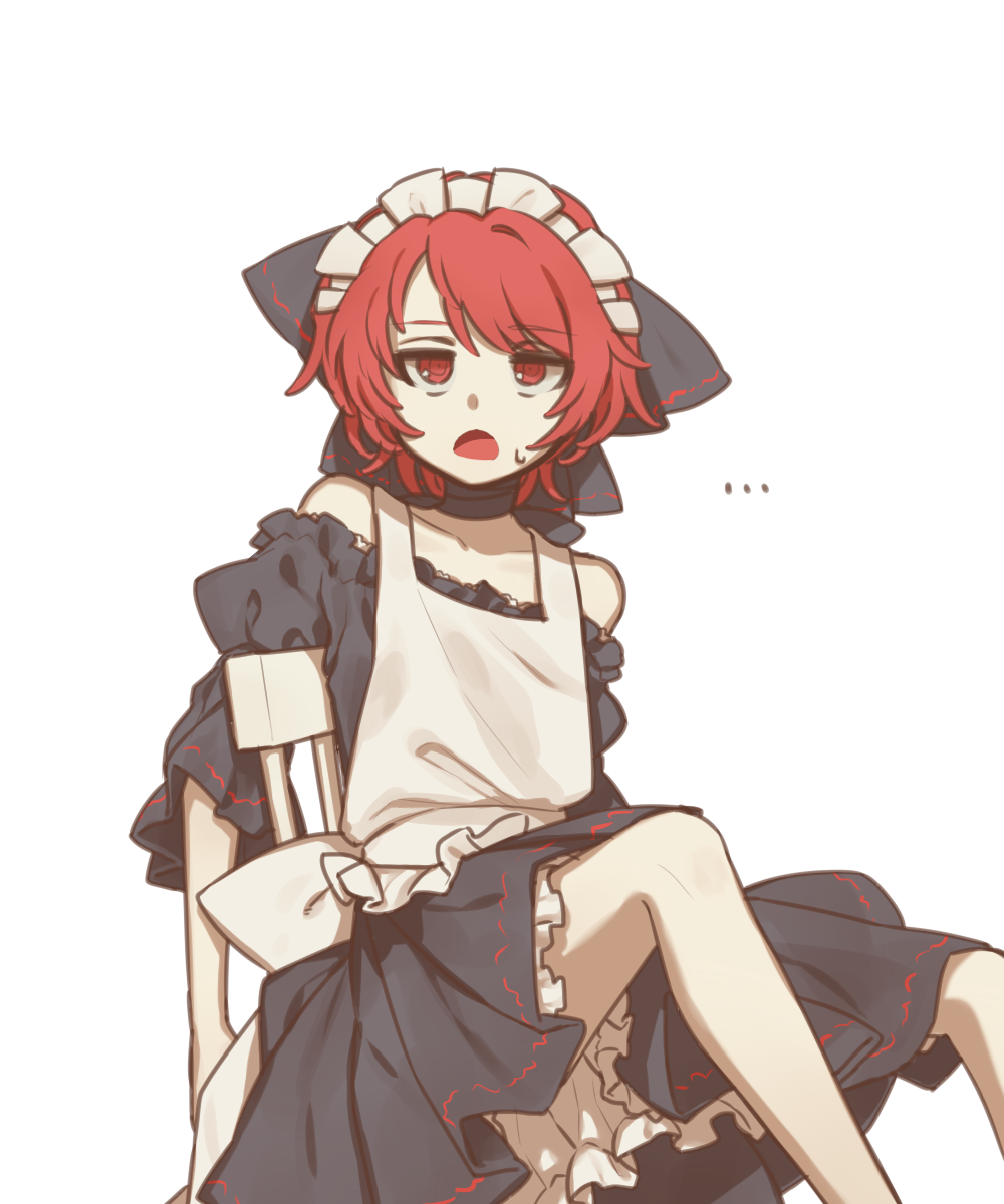 ... 1girl alien_(psr992) alternate_costume apron bare_legs bare_shoulders black_bow black_hair bow chair commentary_request enmaided hair_bow highres korean looking_at_viewer maid maid_headdress red_eyes redhead sekibanki short_hair simple_background sitting solo sweatdrop touhou white_background