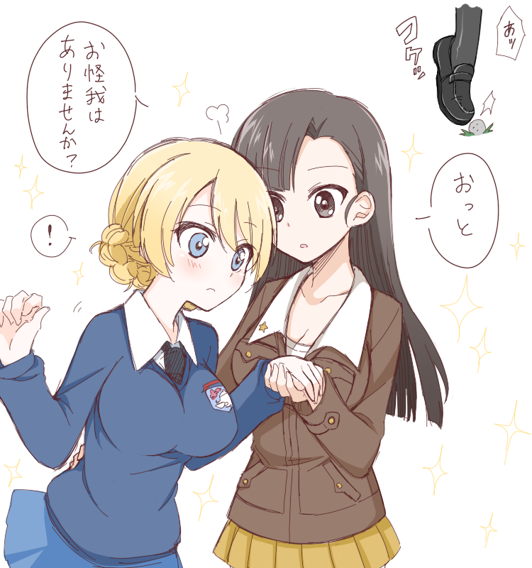 2girls black_legwear blonde_hair blue_eyes blue_sweater blush braid breasts brown_eyes brown_hair chi-hatan_military_uniform cleavage commentary_request darjeeling girls_und_panzer hand_holding hand_on_another's_hip large_breasts light_frown loafers long_hair multiple_girls necktie nishi_kinuyo pantyhose pleated_skirt rock school_uniform shoes skirt sou_(mgn) sparkle sparkle_background st._gloriana's_school_uniform sweater tripping yuri
