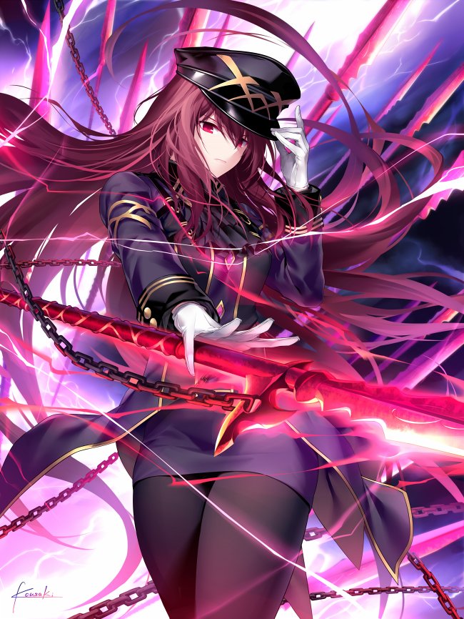1girl alternate_costume black_jacket black_skirt chains cravat fate/grand_order fate_(series) gae_bolg gloves hat hat_tip jacket kousaki_rui lightning long_hair looking_at_viewer military military_jacket military_uniform pantyhose peaked_cap polearm purple_hair red_eyes scathach_(fate/grand_order) signature skirt solo sparks spear uniform weapon white_gloves