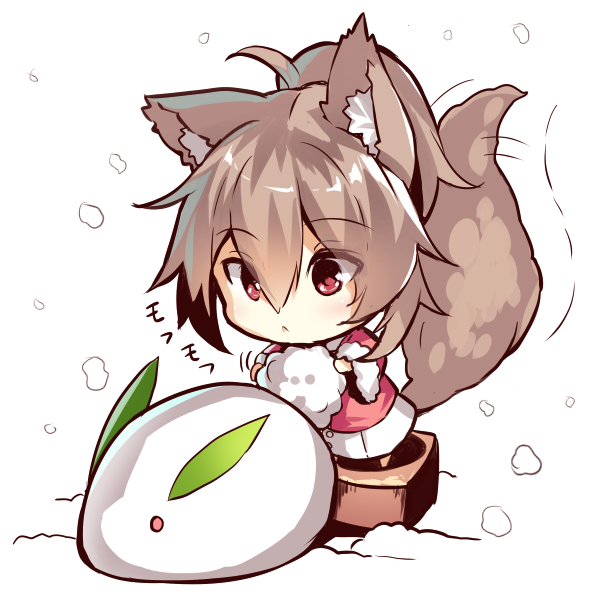 1girl ahoge animal_ears bangs brown_hair chibi closed_mouth eyebrows_visible_through_hair fox_ears fox_girl fox_tail fur-trimmed_sleeves fur_trim hair_between_eyes high_ponytail holding long_sleeves original pink_coat ponytail red_eyes snow snow_bunny snowing standing tail tail_wagging wide_sleeves yuuji_(yukimimi)