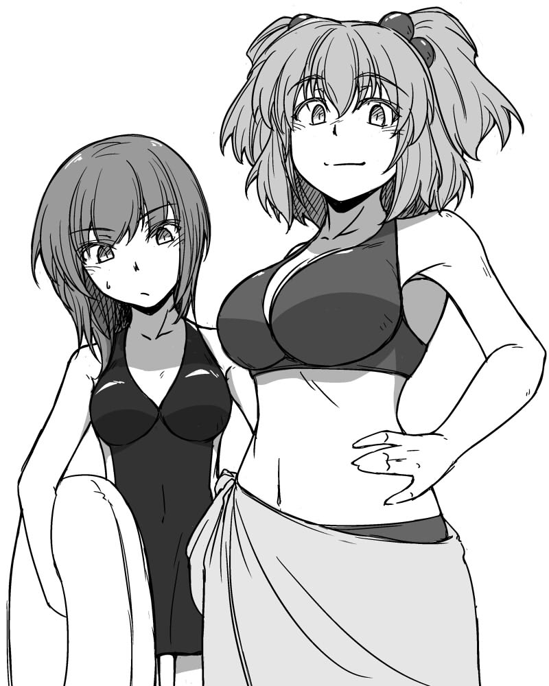 2girls bangs bare_arms bikini breasts cleavage closed_mouth commentary_request cowboy_shot eyebrows_visible_through_hair greyscale hair_between_eyes hair_bobbles hair_ornament hand_on_hip holding innertube large_breasts looking_at_viewer medium_breasts monochrome multiple_girls navel one-piece_swimsuit onozuka_komachi sarong shiki_eiki short_hair simple_background smile sunatoshi sweat swimsuit touhou twintails white_background