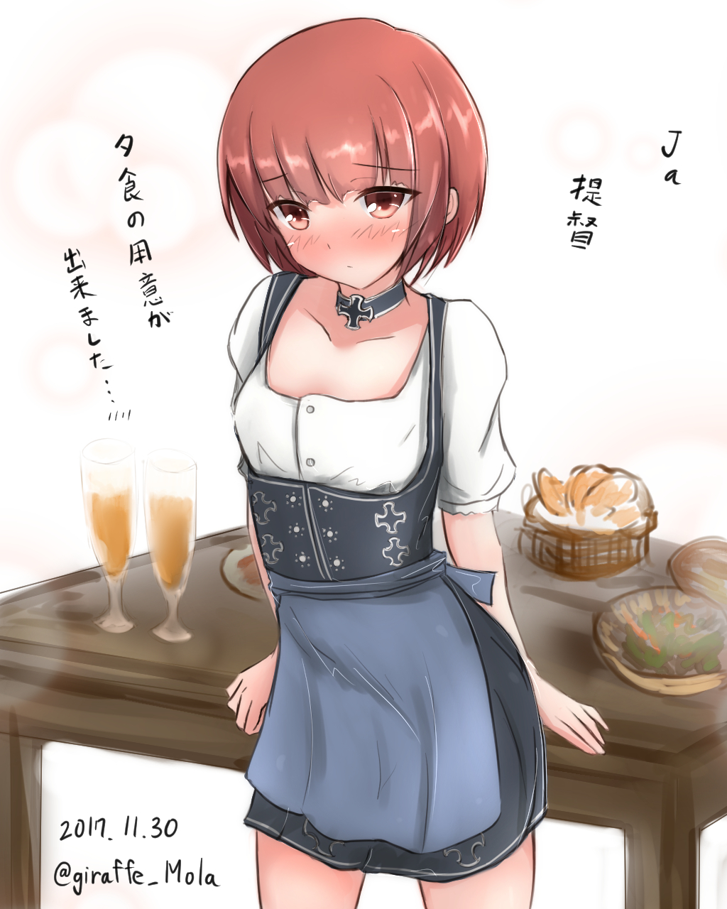 1girl alcohol alternate_costume apron barmaid beer blue_apron breasts brown_eyes brown_hair commentary_request corset dated dirndl embarrassed food german_clothes giraffe_(ilconte) highres kantai_collection looking_at_viewer oktoberfest pretzel puffy_short_sleeves puffy_sleeves short_hair short_sleeves small_breasts solo translation_request twitter_username underbust waist_apron waitress z3_max_schultz_(kantai_collection)