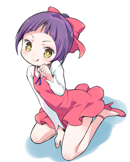 1girl :q amimi blush bow choker closed_mouth dress full_body gegege_no_kitarou high_heels long_sleeves looking_at_viewer nekomusume paw_pose pink_bow pink_choker pink_dress pink_footwear pink_lips purple_hair shirt short_dress short_hair sitting smile tongue tongue_out wariza white_shirt yellow_eyes