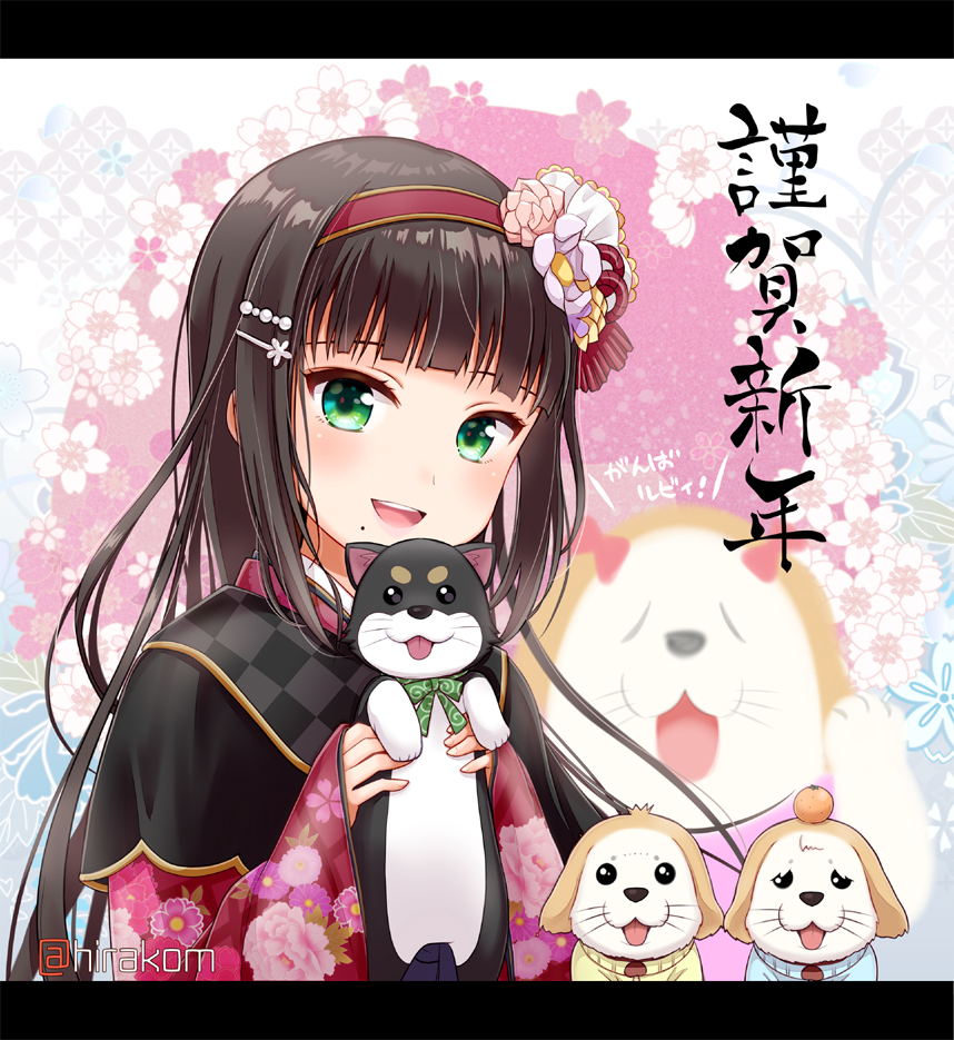 1girl :d animal bangs black_hair bow capelet dog floral_print flower green_eyes hair_bow hair_flower hair_ornament hairpin happy_new_year hirako holding holding_animal holding_dog japanese_clothes kimono kurosawa_dia letterboxed long_hair looking_at_viewer love_live! love_live!_sunshine!! mole mole_under_mouth new_year open_mouth puppy shiitake_(love_live!_sunshine!!) smile solo spoilers twitter_username wide_sleeves