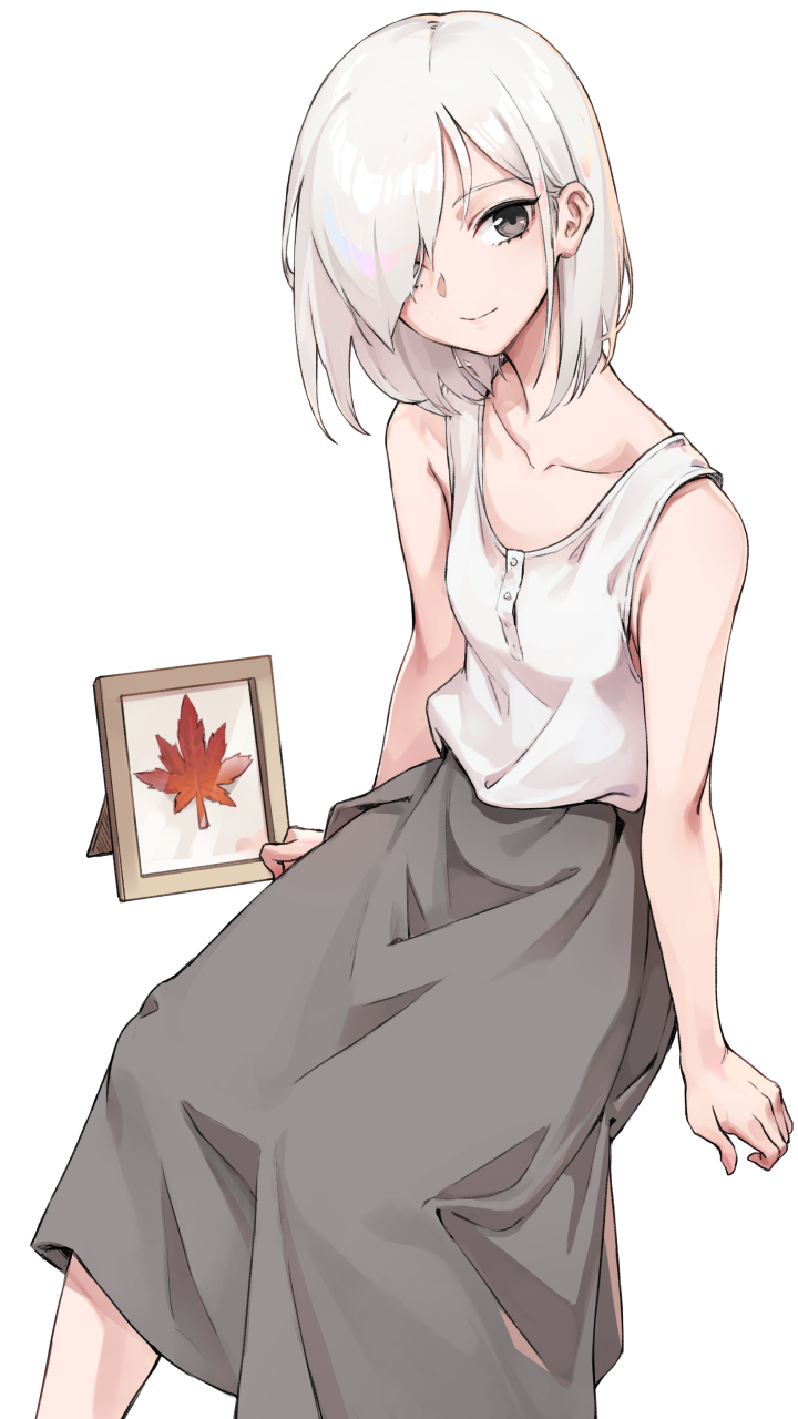 1girl bare_arms bare_shoulders closed_mouth collarbone grey_eyes grey_skirt hair_over_one_eye highres leaf looking_at_viewer maple_leaf one_eye_covered oopartz_yang original portrait_(object) shirt short_hair simple_background skirt sleeveless sleeveless_shirt smile solo white_background white_hair white_shirt