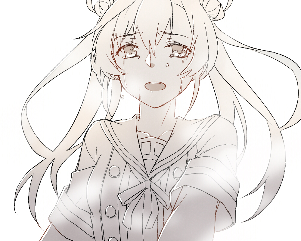 :o abukuma_(kantai_collection) asakawa_shinka buttons collarbone crying crying_with_eyes_open double_bun eyebrows_visible_through_hair hair_between_eyes jacket kantai_collection long_hair looking_at_viewer monochrome neck_ribbon open_mouth remodel_(kantai_collection) ribbon round_teeth sailor_collar school_uniform short_sleeves simple_background tears teeth twintails upper_body