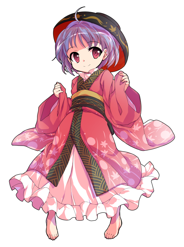 1girl ahoge alphes_(style) bangs barefoot bowl breasts closed_mouth dairi eyebrows eyebrows_visible_through_hair facing_away frilled_kimono frills full_body japanese_clothes kimono leaf leaf_print long_sleeves looking_at_viewer maple_leaf obi parody pigeon-toed pink_eyes pink_kimono purple_hair sash short_hair simple_background small_breasts smile solo style_parody sukuna_shinmyoumaru tareme touhou transparent_background wide_sleeves