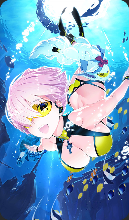 1girl ass ass_cutout bikini black_footwear black_wristband blue_capelet breasts bubble butt_crack capelet cleavage cleavage_cutout craft_essence cravat creature cross cross_necklace dive_to_blue diving dolphin fate/grand_order fate_(series) fish fou_(fate/grand_order) halter_top halterneck jewelry large_breasts lavender_hair mash_kyrielight necklace official_art open_mouth red_neckwear shaka_p ship smile striped_wristband swimming swimsuit underwater watercraft wristband yellow-framed_eyewear yellow_bikini zipper
