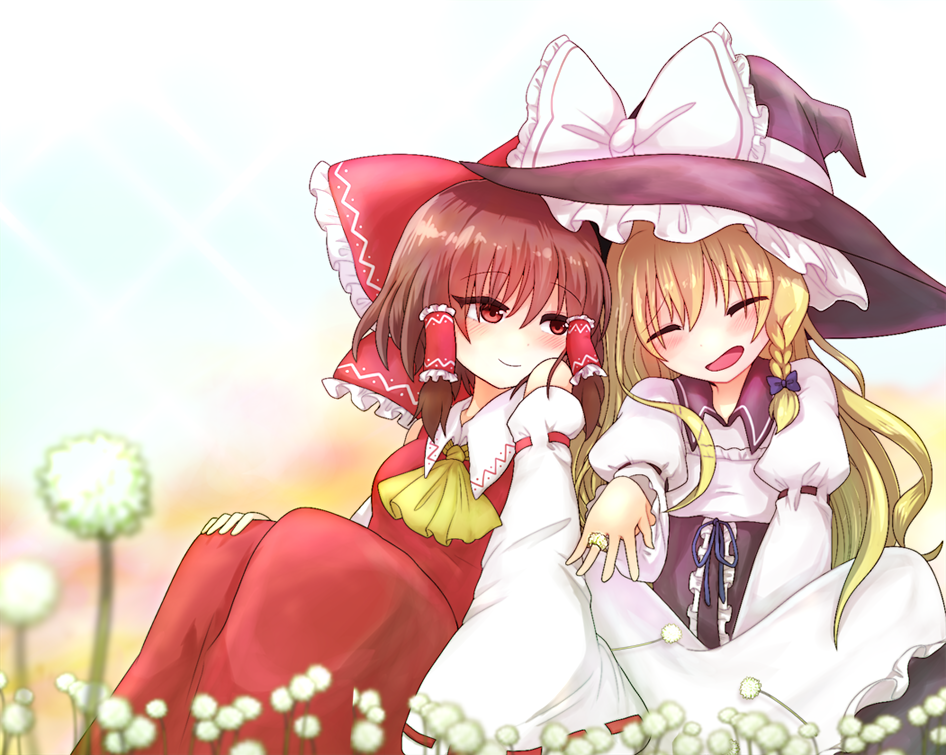 2girls ^_^ ascot back-to-back blonde_hair blush bow braid breasts brown_eyes brown_hair closed_eyes collared_shirt commentary couple dandelion detached_sleeves dress flower hair_bow hair_tubes hakurei_reimu happy jewelry juliet_sleeves kirisame_marisa large_bow long_skirt long_sleeves medium_breasts mochi547 multiple_girls puffy_sleeves ring shared_hat shirt side-by-side side_braid single_braid sitting skirt smile touhou wedding_ring wide_sleeves wife_and_wife yellow_neckwear yuri