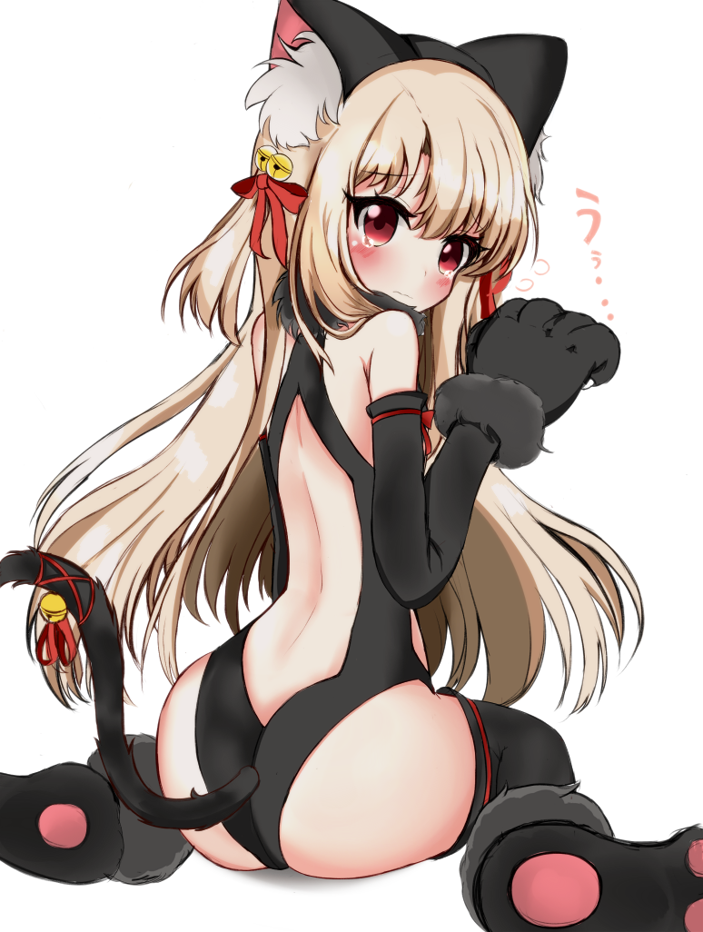 1girl animal_ears ass backless_outfit bangs bare_shoulders bell black_gloves black_legwear black_leotard bow cat_ears cat_girl cat_tail closed_mouth commentary_request elbow_gloves eyebrows_visible_through_hair fake_animal_ears fate/kaleid_liner_prisma_illya fate_(series) flying_sweatdrops fur_collar gloves hair_bell hair_between_eyes hair_bow hair_ornament head_tilt illyasviel_von_einzbern jingle_bell leotard light_brown_hair long_hair looking_at_viewer looking_to_the_side paw_gloves paw_shoes paws peru_(perushee) red_bow red_eyes red_ribbon ribbon shoes simple_background sitting solo tail tail_bell tail_ribbon tears thigh-highs two_side_up very_long_hair wariza wavy_mouth white_background