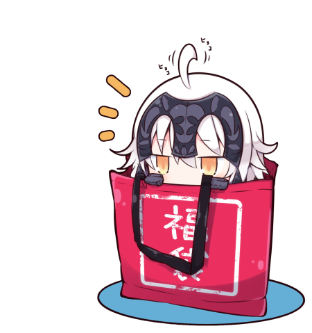 1girl ahoge ahoge_wag bag bangs beni_shake commentary_request eyebrows_visible_through_hair fate/grand_order fate_(series) hair_between_eyes headpiece in_bag in_container jeanne_d'arc_(alter)_(fate) jeanne_d'arc_(fate)_(all) lowres peeking_out shopping_bag solo white_background white_hair yellow_eyes