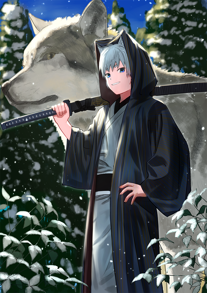 1boy 2018 bangs blue_eyes cloak commentary_request day fingernails grass holding holding_sword holding_weapon hood_up japanese_clothes looking_at_viewer male_focus original outdoors over_shoulder pine_tree sash scabbard sheath silver_hair smile snow snowing solo standing sword tree wasabi60 weapon weapon_over_shoulder wolf year_of_the_dog