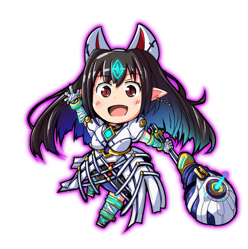 1girl animal_ears black_hair blush chibi dress fukkatsu_saisei_kaijin japanese_clothes kasane_(xenoblade) long_hair looking_at_viewer mask open_mouth red_eyes simple_background smile solo white_background xenoblade xenoblade_2