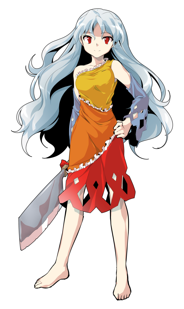 1girl alphes_(style) arm_at_side bangs bare_legs bare_shoulders barefoot blue_hair breasts closed_mouth collarbone dairi detached_sleeves diamond_(shape) dress eyebrows eyebrows_visible_through_hair frilled_dress frills full_body hand_on_hip hatchet highres holding legs_apart long_hair long_sleeves medium_breasts multicolored multicolored_clothes multicolored_dress nose_hatchet orange_dress oriental_hatchet parody red_dress red_eyes red_ribbon ribbon sakata_nemuno simple_background single_strap smile solo standing style_parody touhou transparent_background tsurime wide_sleeves yellow_dress