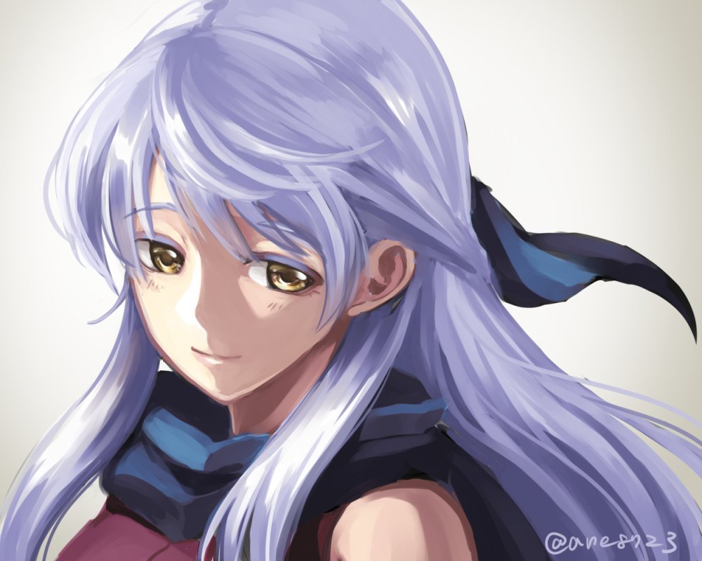 1girl ane-suisei blue_scarf fire_emblem fire_emblem:_akatsuki_no_megami micaiah scarf silver_hair simple_background smile solo white_background yellow_eyes