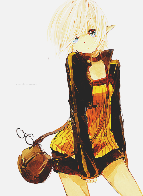 alternate_hairstyle angryspidercat artist_name bag black_choker black_jacket black_shorts blonde_hair blue_eyes creator_(dungeon_and_fighter) dress dungeon_and_fighter eyewear_removed glasses jacket pointy_ears shorts white_background yellow_dress